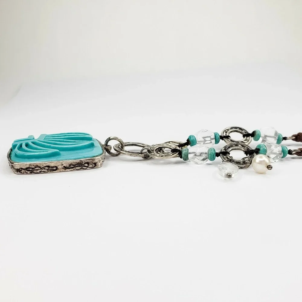 Silpada Necklace Sterling Silver 19.5in Blue Carved Turquoise Pendant Mixed Bead